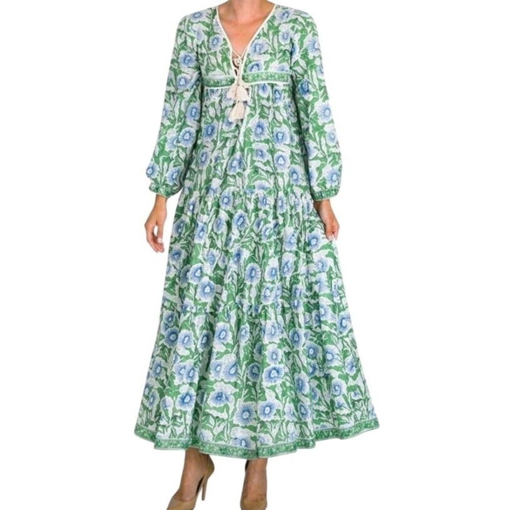 Karni Womens 2XL Green Blue Floral Cotton Bohemian Maxi Dress
